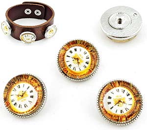 outons-pression EasyButton de métal avec verre, cadran d'horloge ± 21mm (appropriés pour EasyButton accessoires). Couleur: Marron/Jaune Code: D11460 --- BP Dessin Horloge. +- 21mm.---