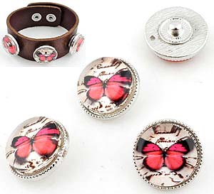 Boutons-pression EasyButton de métal avec verre, papillon ± 21mm (appropriés pour EasyButton accessoires). Couleur Rose Rouge Code: D11462 --- BP Papillon. Rose-Rouge---