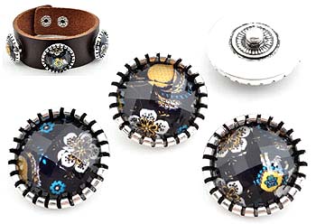 Boutons-pression EasyButton de métal avec brique de collage de matière synthétique, circulaire avec facettes et fleurs ± 24mm. Couleur: Multicouleurs foncées Code: D11608 --- EasyB. Circulaire facettes fleurs---