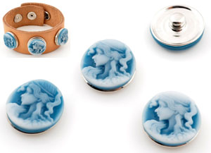 Bouton pression DoubleBeads EasyButton de métal avec brique de collage de matière synthétique, circulaire. Camée dame de +- 18mm.de diamètre. Couleur: Turquoise Code: D12104 --- B.P. Camee Dame 18mm. Turquoise---