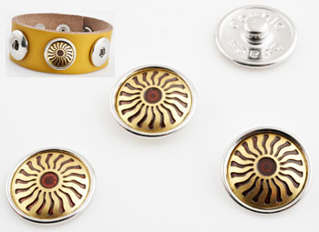 Boutons-pression DoubleBeads EasyButton de métal, circulaires, décorés avec soleil ± 18mm (appropriés pour DoubleBeads EasyButton accessoires). Couleur Mordoré Code: D13983 --- BP 18mm. Mordore---