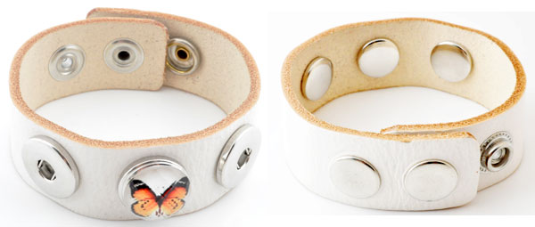 Bracelet de cuir Blanc. Règlable en mesure : entre +-18 et 20cm. Largeur du bracelet: +- 2,5mm. Poour Boutons pressions 18mm. Code: J01717 --- Bracelet cuir Blanc reglable Pression---