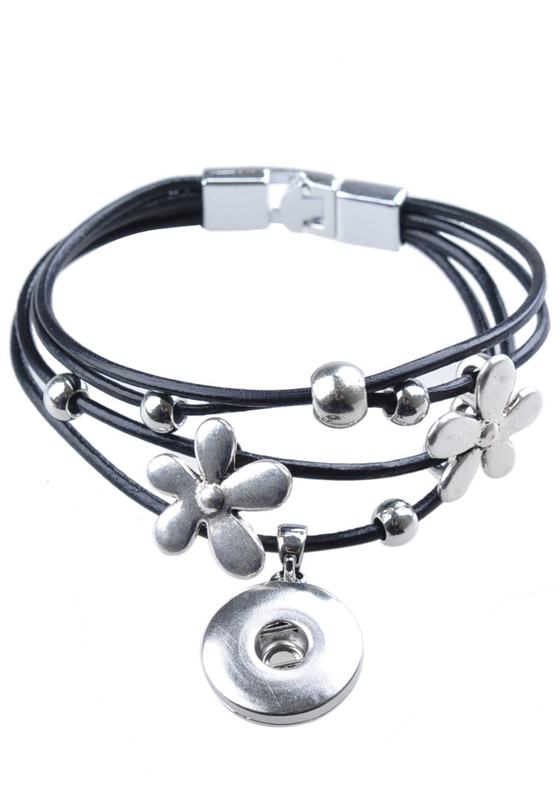 DoubleBeads EasyButton bracelet de cuir avec perles en métal, largeur intérieure ± 19cm (pour DoubleBeads EasyButton boutons-pression). Couleur: Nickel et Noir Code: J03170 --- Bracelet DoubleBeads. Largeur: 19cm. Noir et Nickel---