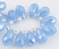 Perle de verre cristal, Goutte avec facettes et éclat. Dimension: +-14x8mm. Percée dans le sens de la largeur côté pointe. Couleur: Bleu mat Code: D09222 --- Goutte avec facettes +-14x8mm. Bleu Mat---