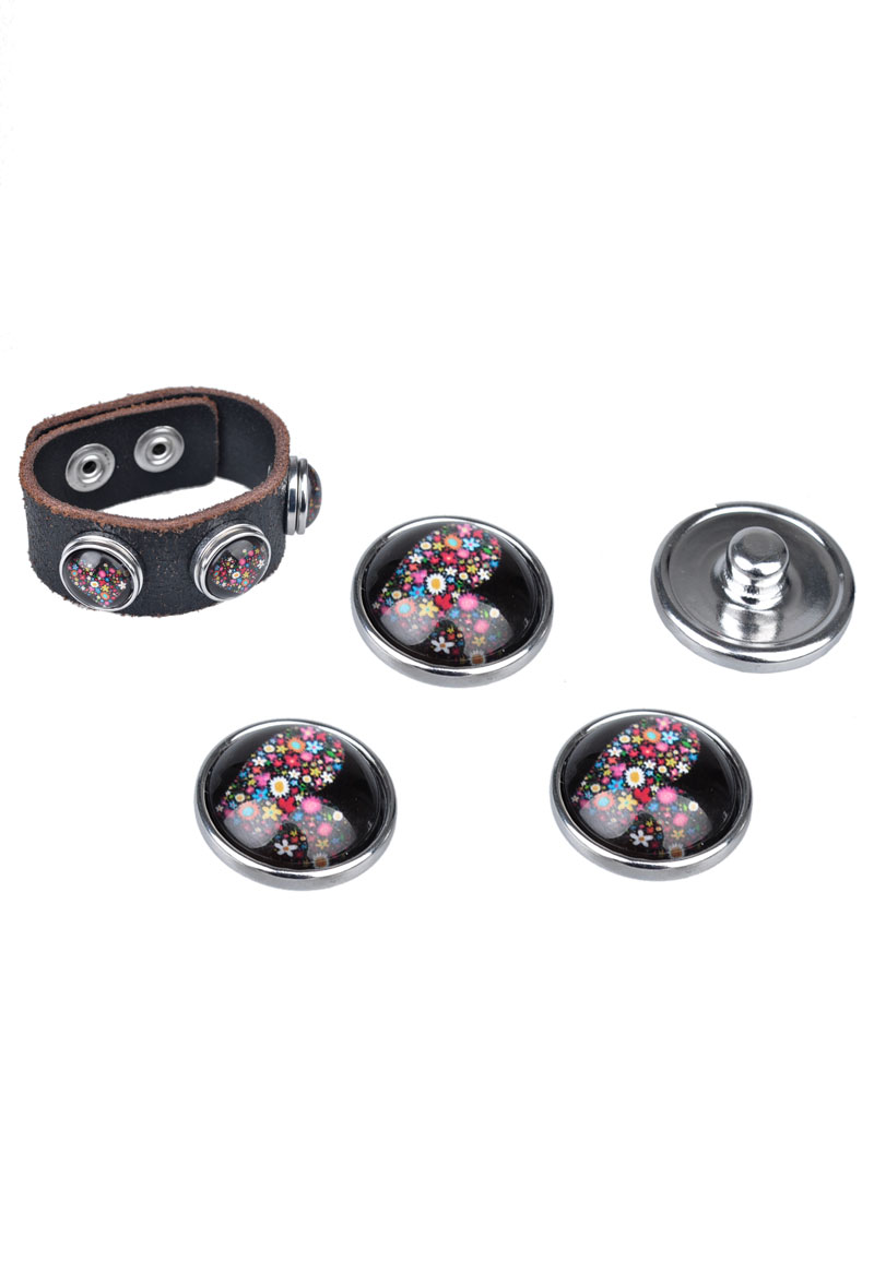 Boutons-pression DoubleBeads de métal avec brique de collage de verre, circulaire, avec fleurs ± 18mm (appropriés pour DoubleBeads accessoires). Couleur: Multicouleur foncé Code: D17470 --- BP DoubleBeads Circulaire, Fleurs 18mm Multicouleur fonce---