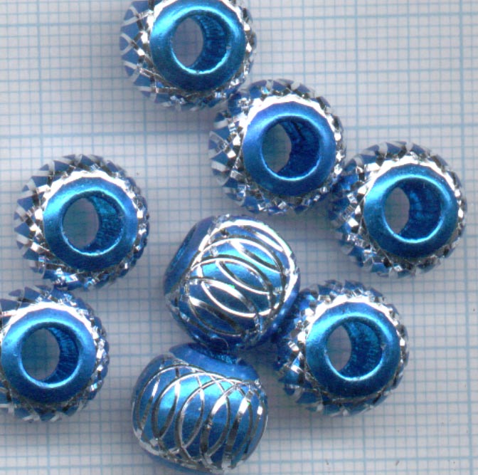 Perle en aluminium taillé. Diamètre: +-12mm. Grand trou. Couleur: Turquoise et argenté Code: PUC602_TU --- Aluminium 12mm Turquoise---