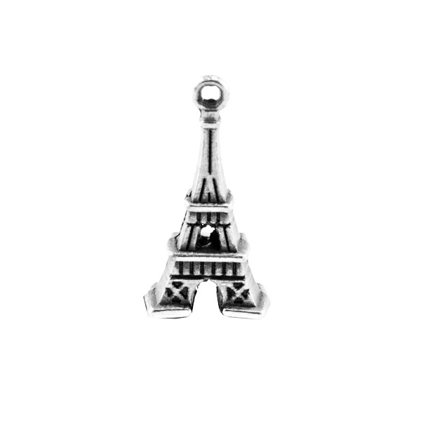 Pendentif en métal en forme de tour Eiffel. Dimensions: +- 10x20mm. Couleur: Vieil Argent. Code: 1082855 --- Tour Eiffel metal 10x20mm.---