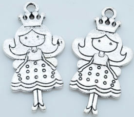 Pendentif, breloque en métal double face en forme de Princesse. Dimensions: +- 48x20mm. Couleur: Argent Vieux Code: D08894 --- Princesse Double face 48x20 Argent Vx.---
