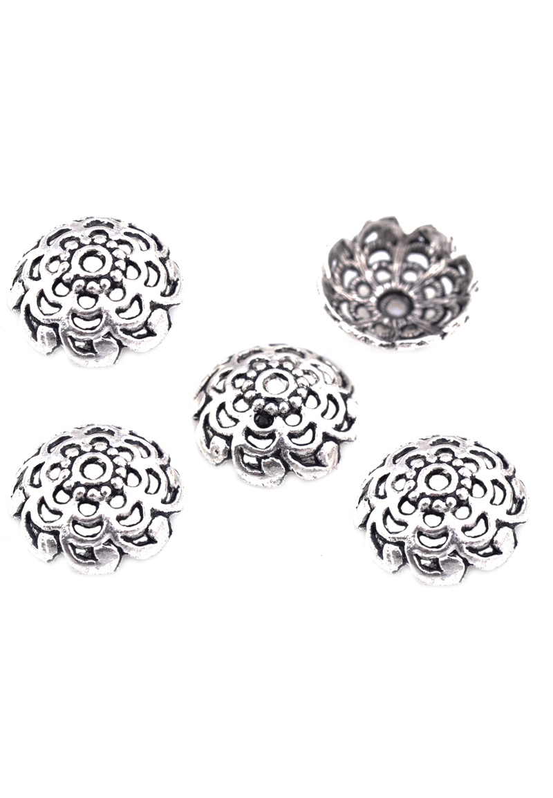Calottes de métal, décorés ± 15x5mm (trou ± 1,5mm). Couleur: Argent vieilli Code: D17862 --- Calottes Metal, 15x5mm Vx.Argent---