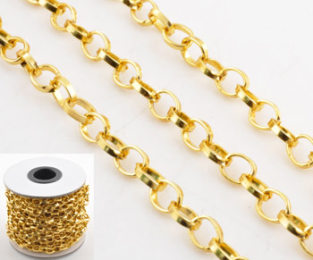 Chaîne en aluminium, maillon ± 7,5x6mm. Se vend au mère . Couleur: Doré Code: D14431 --- 1m. Chaine alu., maille: 7,5x6mm. Dore---