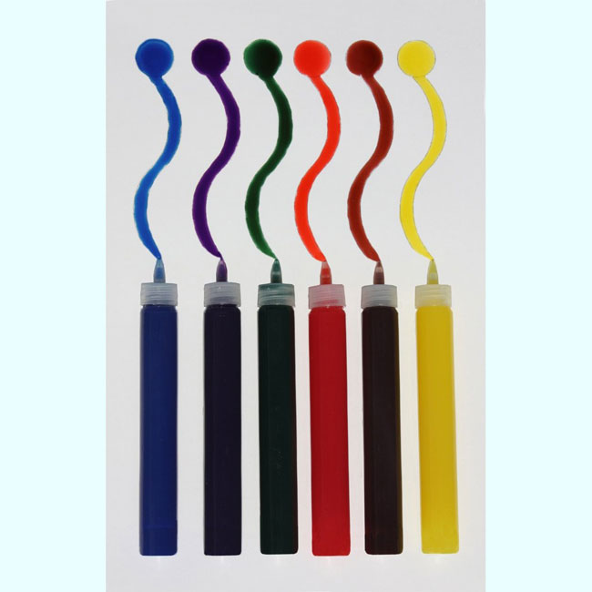 Six X 3D cristal laque couleur dans un flacon applicateur de style stylo avec pointe fine. Couleurs inclus sont; Bleu Violet Marron Vert Rouge foncé et jaune Code: 03001 --- 3D Crystal Lacquer Primary Color Set---