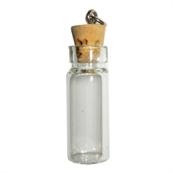 Bouteille vide, Fiole en verre avec bouchon et piton. Dimension: +- 10x25mm. Code: KUD400 --- Bouteille 10x25mm.---